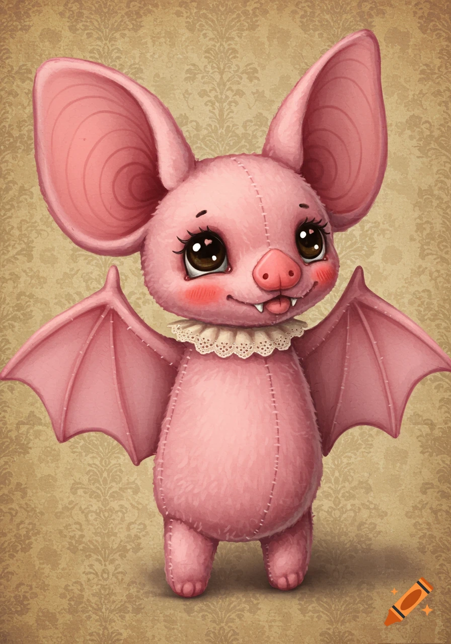 A cute pink cartoon bat hand-puppet with large ears, big eyes, and a lace collar, against a patterned background.