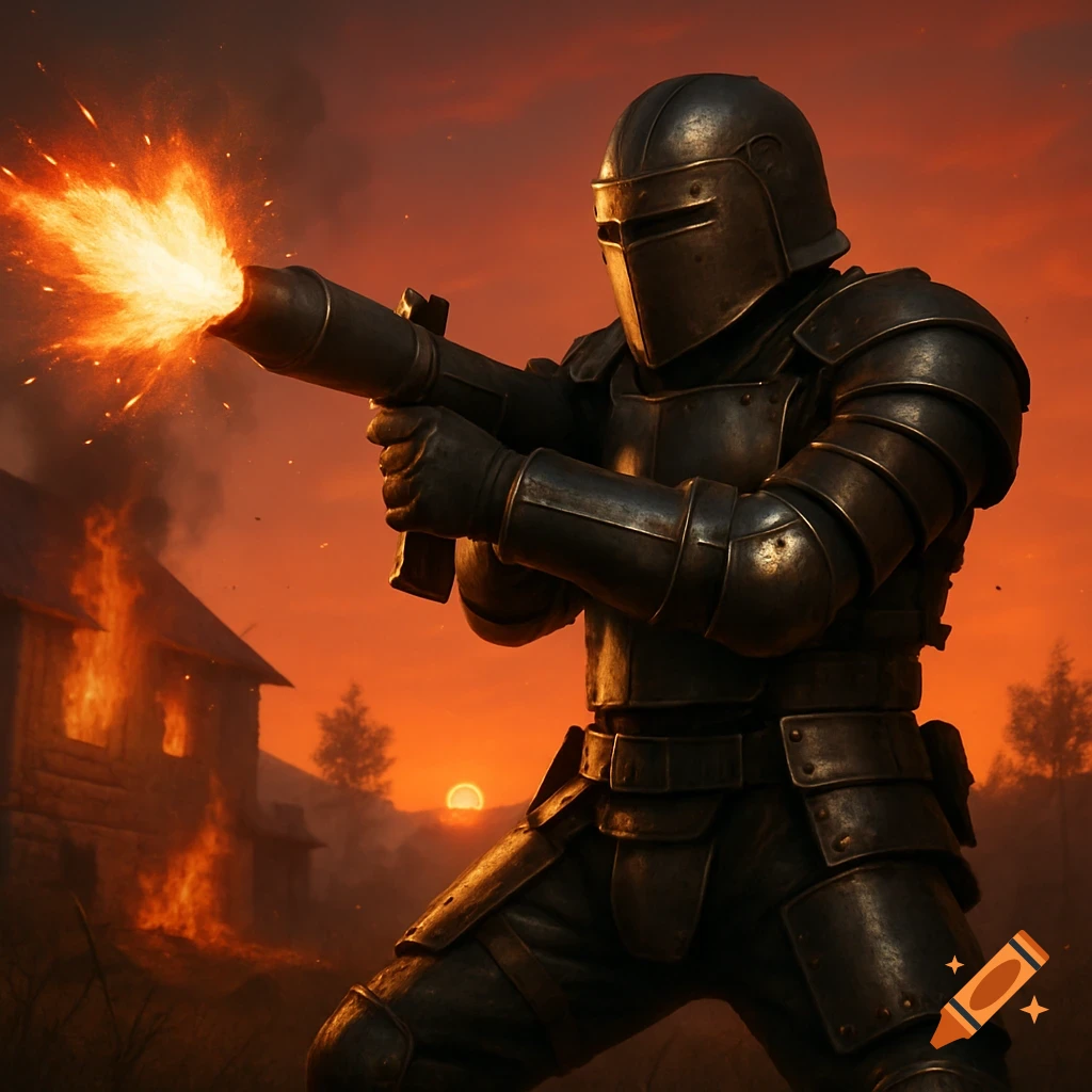Photorealistic armored player in metal armor fires a rocket launcher during a sunset raid with a burning house.