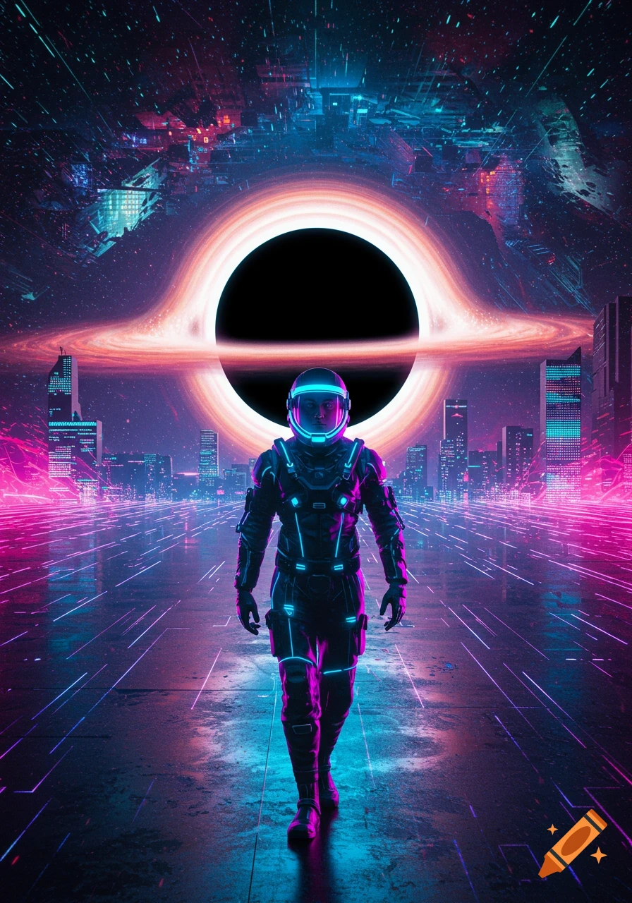 A neon-lit cyberpunk astronaut walks towards a glowing black hole, with a futuristic city in the background and streaks of light on the ground.