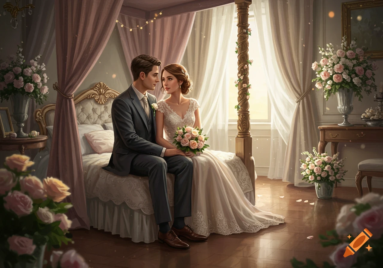 A photorealistic digital painting shows a bride and groom sitting on a bed in a romantic room, gazing at each other.
