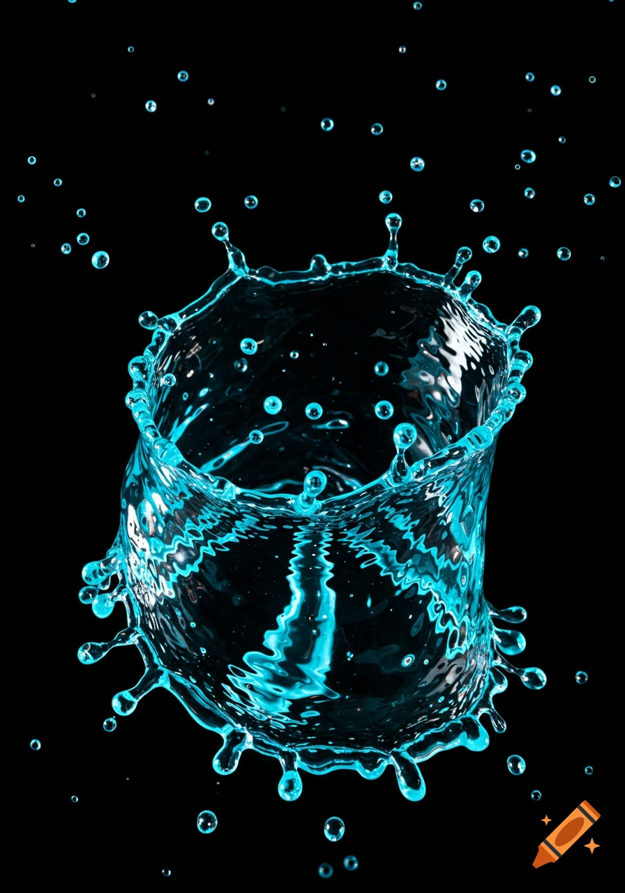 A vibrant blue water splash with droplets suspended against a dark black background.