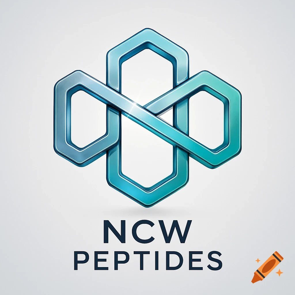 A modern logo featuring interlocking blue and teal hexagonal shapes above the text 'NCW PEPTIDES' on a gradient background.