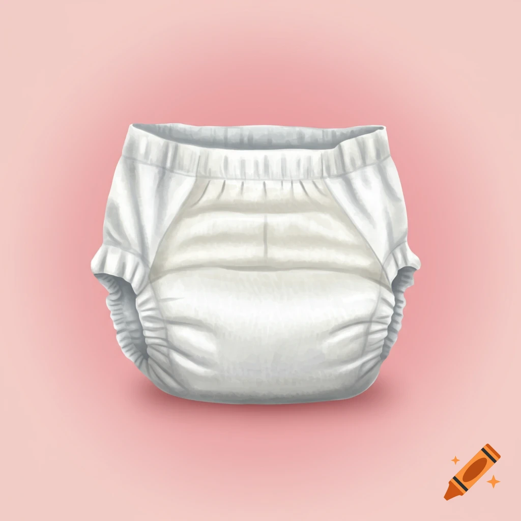 A white, elastic-leg disposable diaper is centered against a solid pink background.