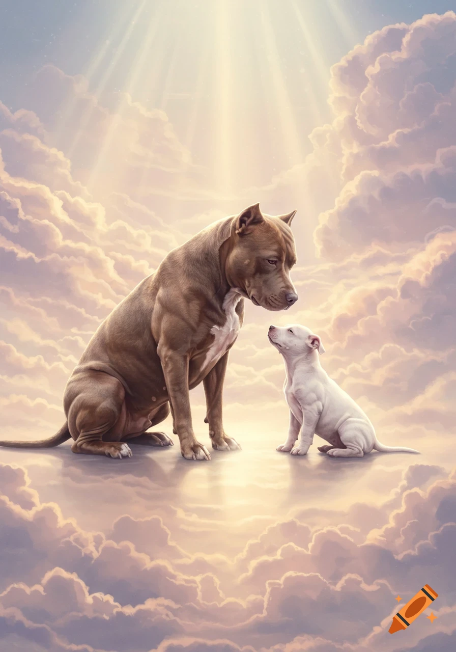A large brown pitbull sits on clouds, gently looking down at a small white pitbull puppy, bathed in heavenly light.