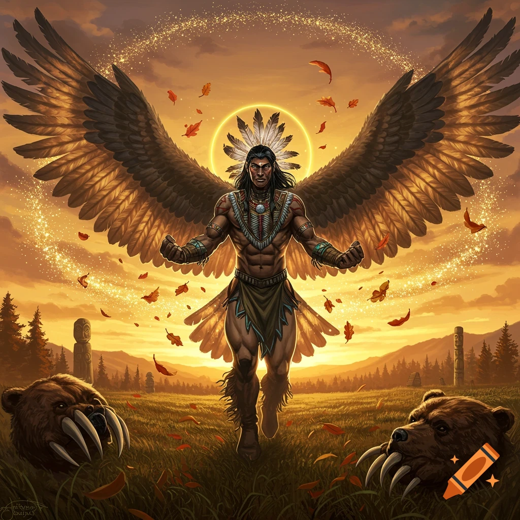 A powerful, winged Native American man in traditional attire stands in a golden field with bear heads at sunset, surrounded by glowing particles.