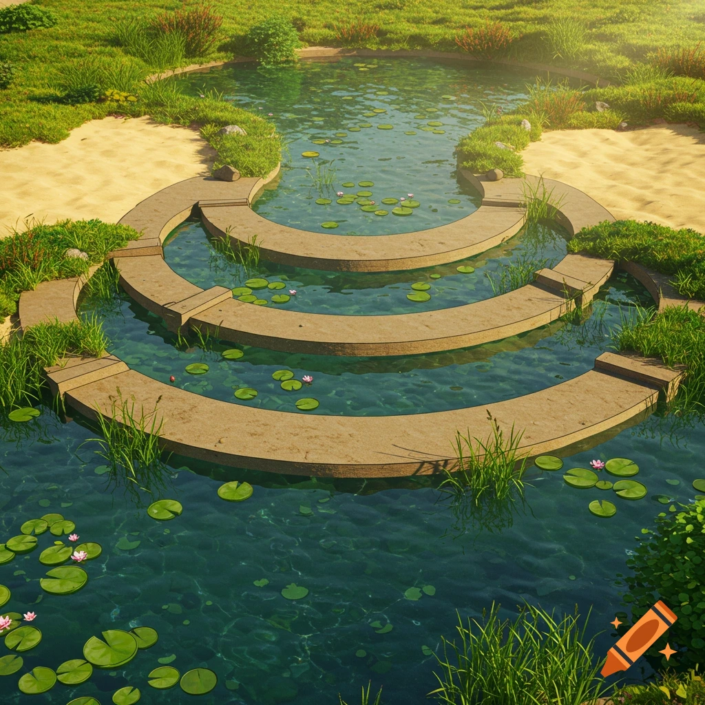 A serene multi-tiered pond with circular stone platforms, lily pads, and pink flowers, bordered by green grass and sandy paths.