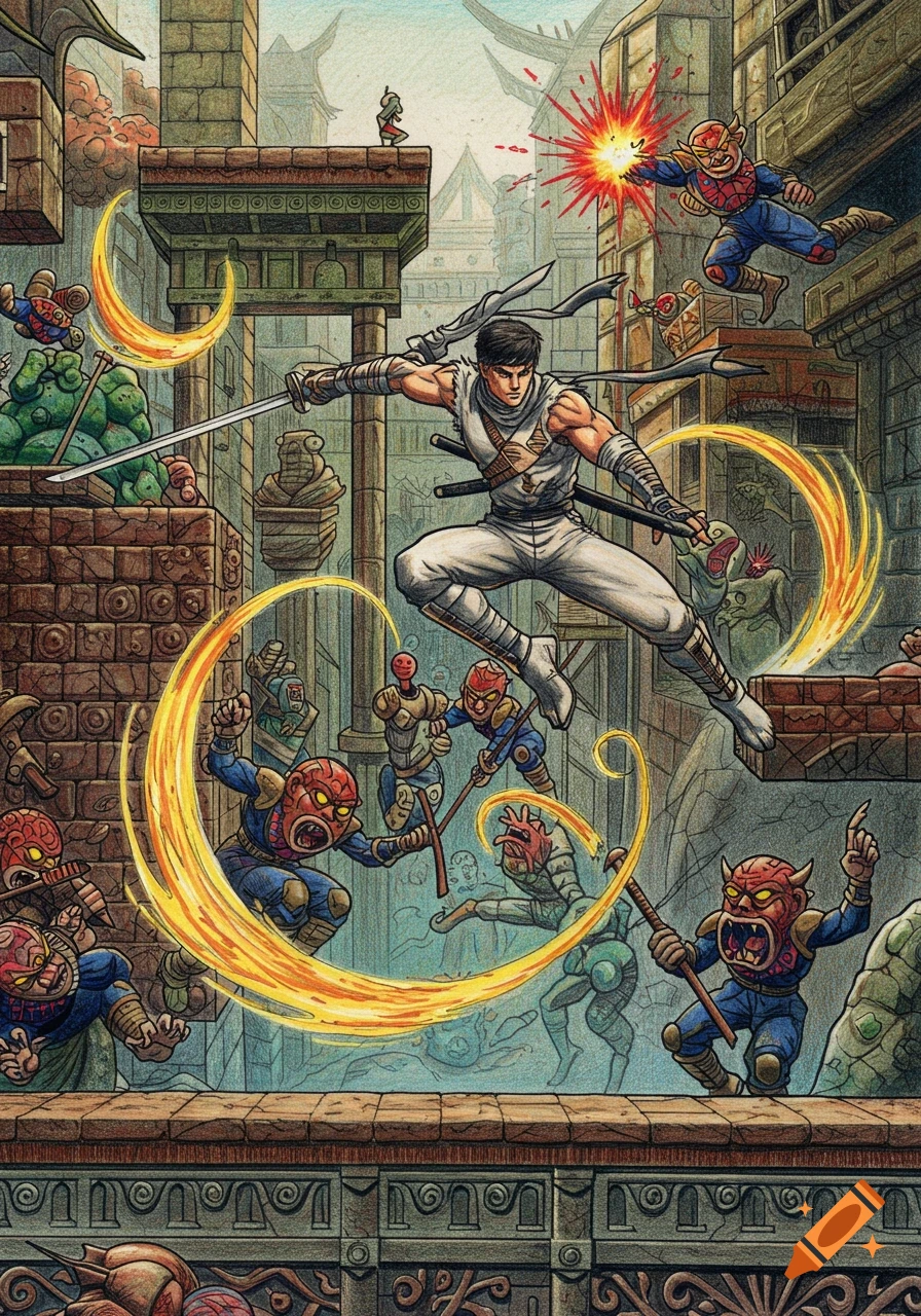 A hand-drawn illustration of Ryu Hayabusa, a ninja, leaping and fighting stylized demon enemies in a detailed platforming level.