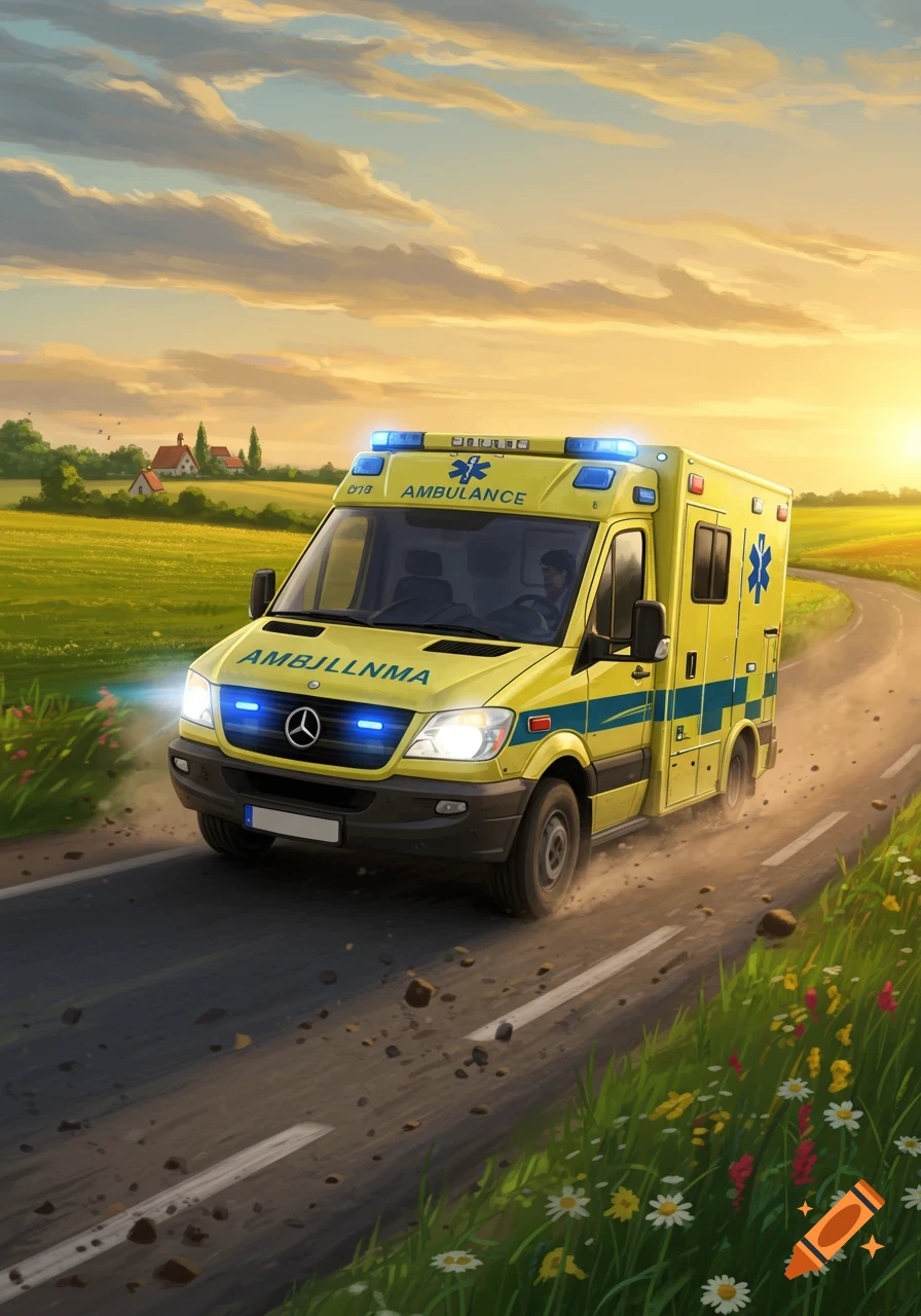 A yellow and blue ambulance drives on a winding road through a green countryside at sunset.