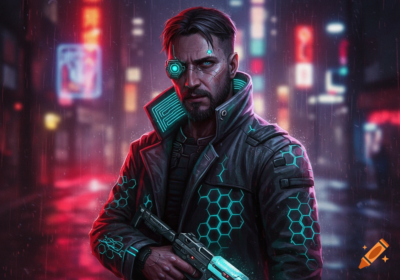 A serious cyberpunk character with a glowing cybernetic eye, beard, and a neon-lit coat holds a futuristic rifle in a rainy, neon city.