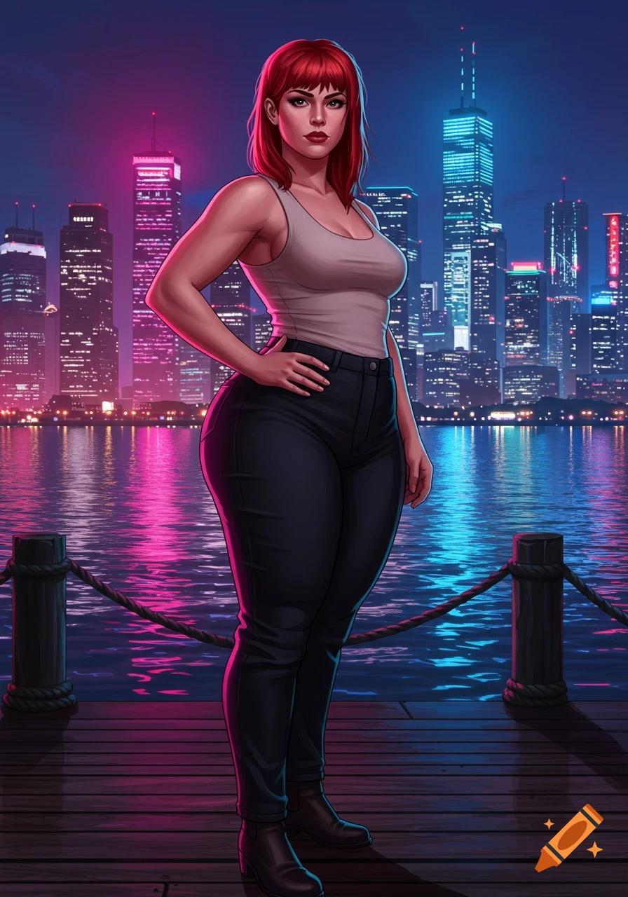 A red-haired woman in a tank top and black jeans stands on a pier with a neon-lit city skyline at night, in a GTA style.