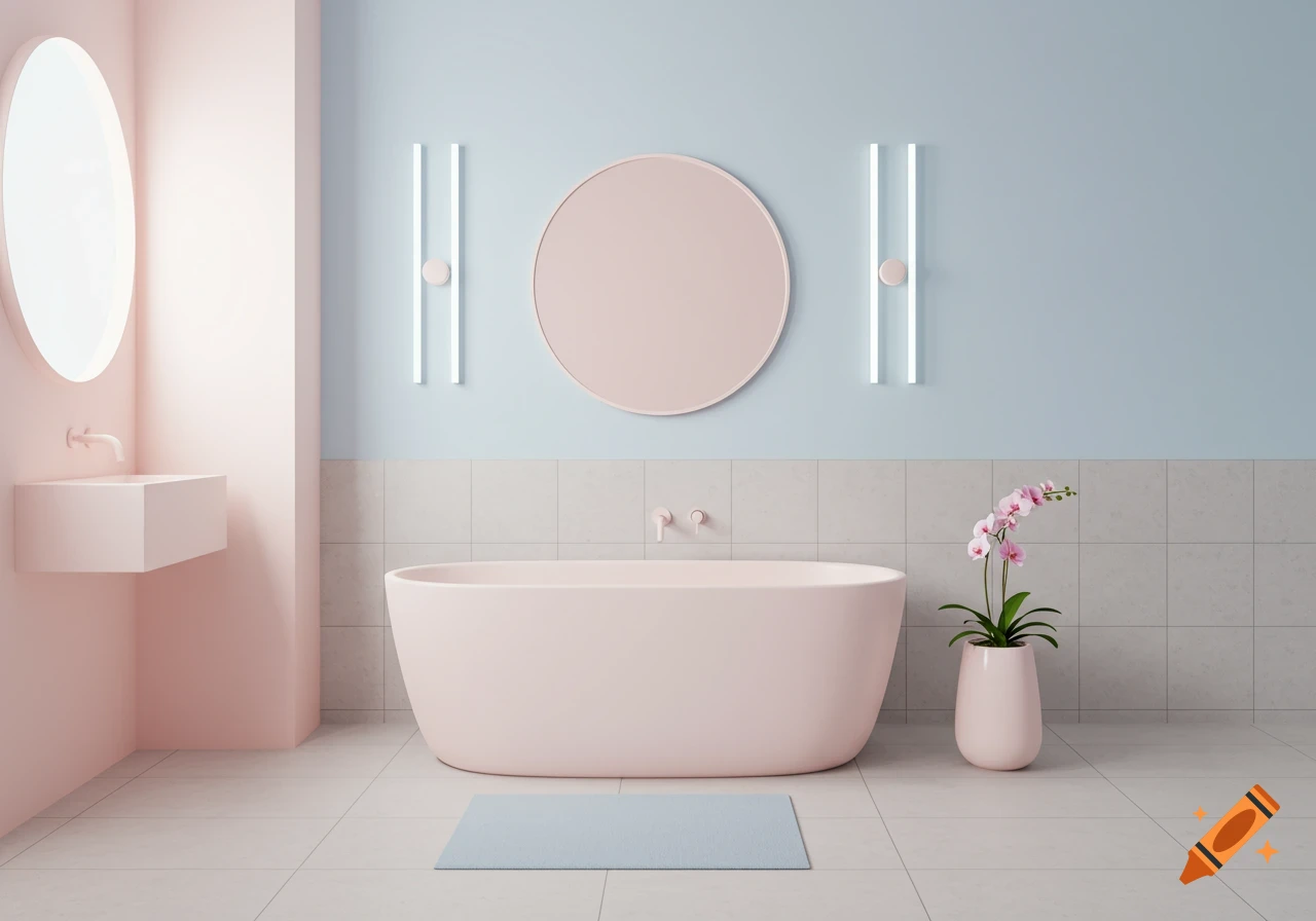 A minimalist light pink and blue bathroom with a freestanding bathtub, wall-mounted sink, and circular mirrors.
