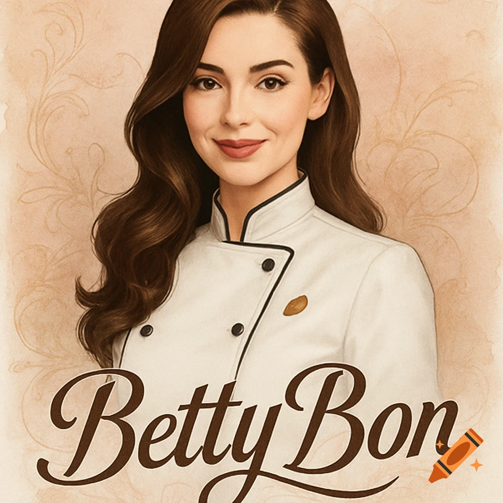 An elegant illustration of a smiling woman with long brown hair in a white chef's coat, with 'Betty Bon' text and a watercolor background.