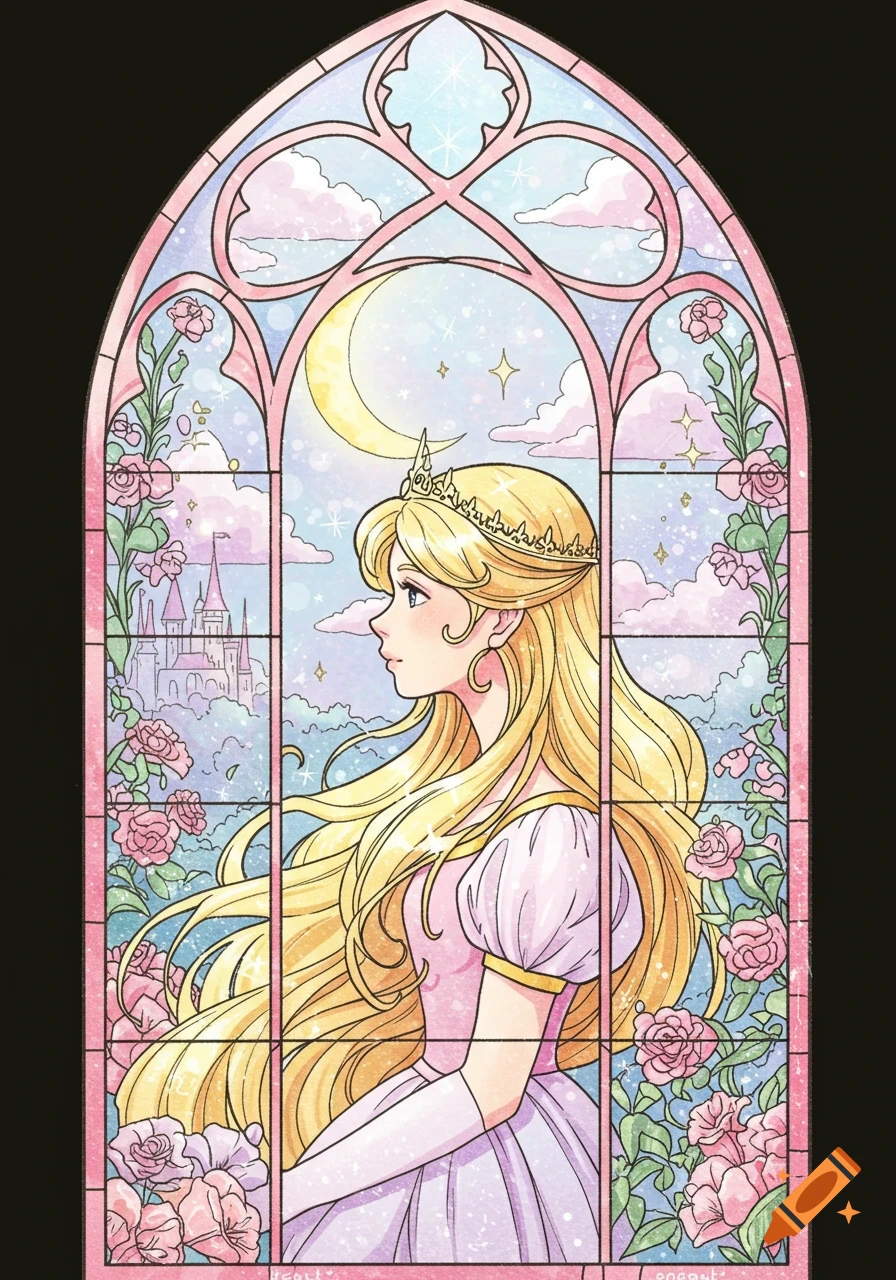 Anime-style stained glass art of a blonde princess in a pink dress and crown, looking left through an arched window with a crescent moon, castle, and roses.