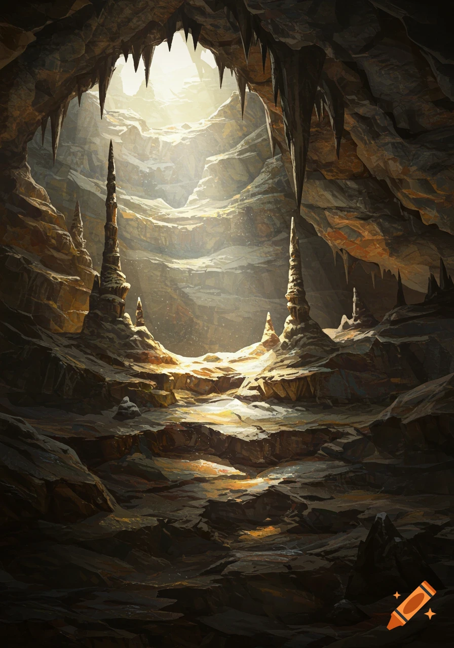 A dramatic cave interior with tall stalagmites, jagged stalactites, and bright light filtering from an overhead opening.
