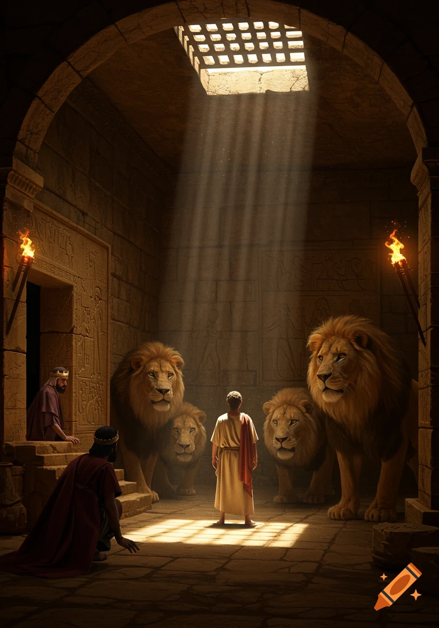 A man in ancient robes stands in a dimly lit stone chamber, surrounded by four large lions, with a shaft of light illuminating him from above. Two other robed figures, one crowned, observe from a raised platform to the left.