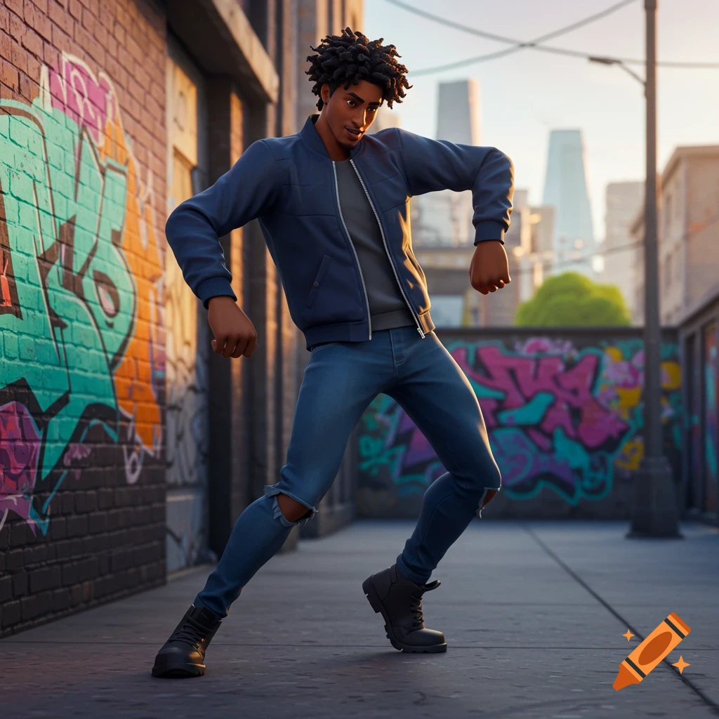 A stylized 3D rendering of a young Black man with curly hair dancing in a graffiti-covered urban alley.