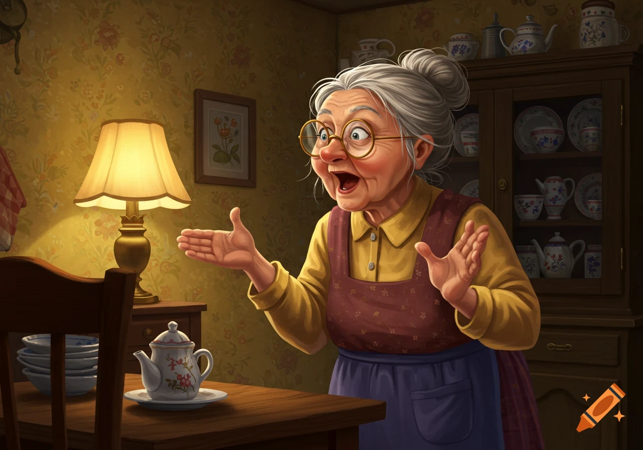 A surprised cartoon grandmother with gray hair and glasses gestures in a cozy kitchen with a lamp and cabinet.