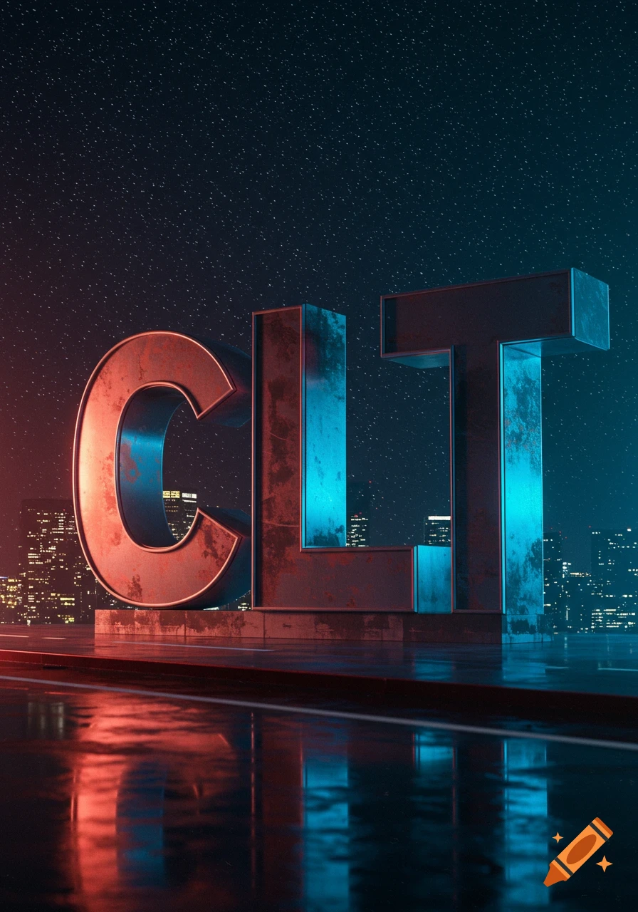 Large rusty metallic letters 'CLT' glowing red and blue against a starry night city skyline, reflected on a wet surface.