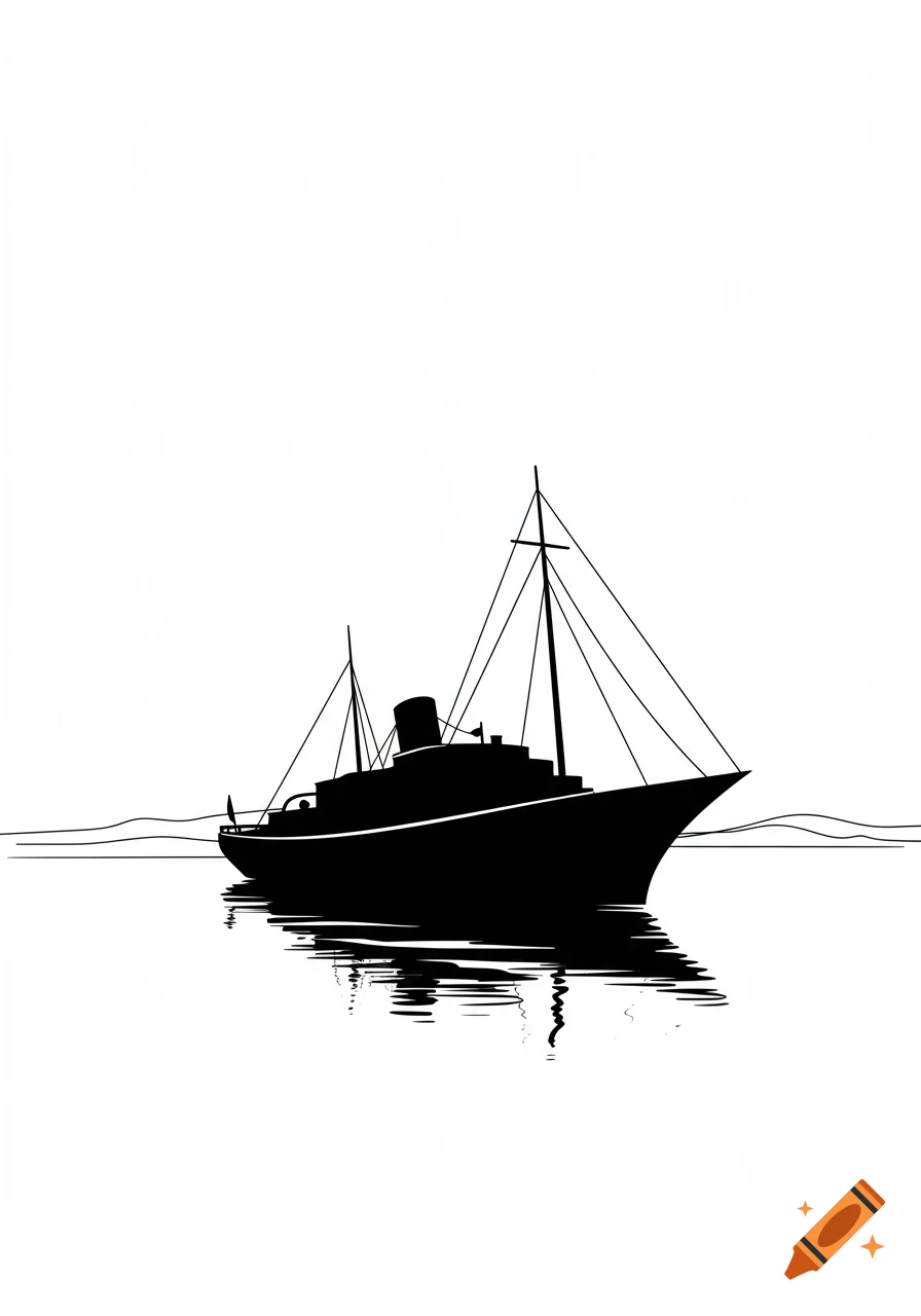Black silhouette of a vessel with masts and rigging on calm water, minimalist drawing.