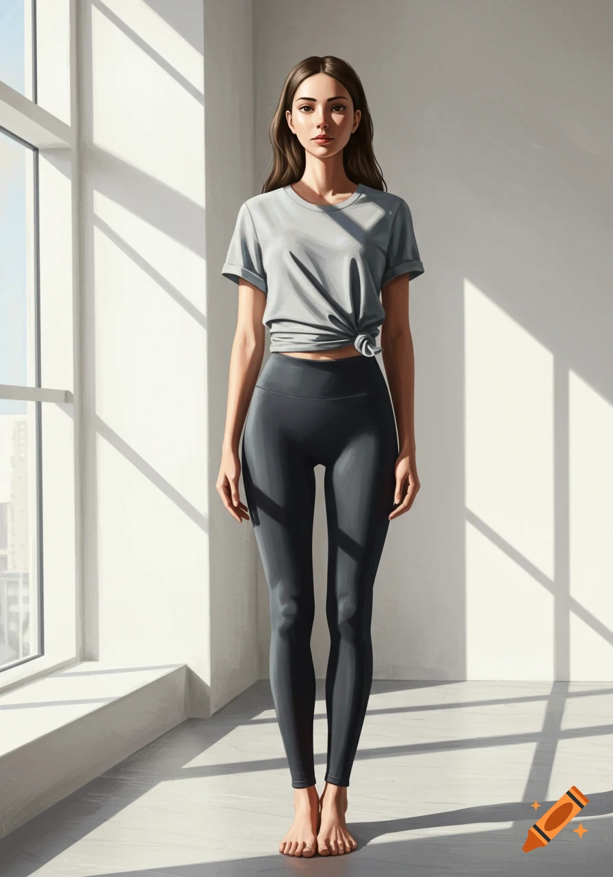 A woman in a gray t-shirt and dark leggings stands barefoot in a sunlit room with large windows, photorealistic style.