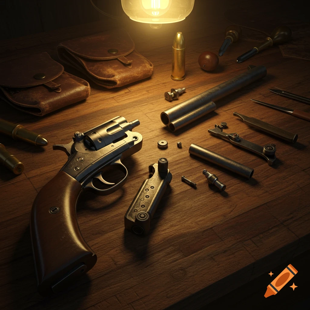 Disassembled revolver, bullets, and various gun parts laid out on a rustic wooden table under a warm lamp light.