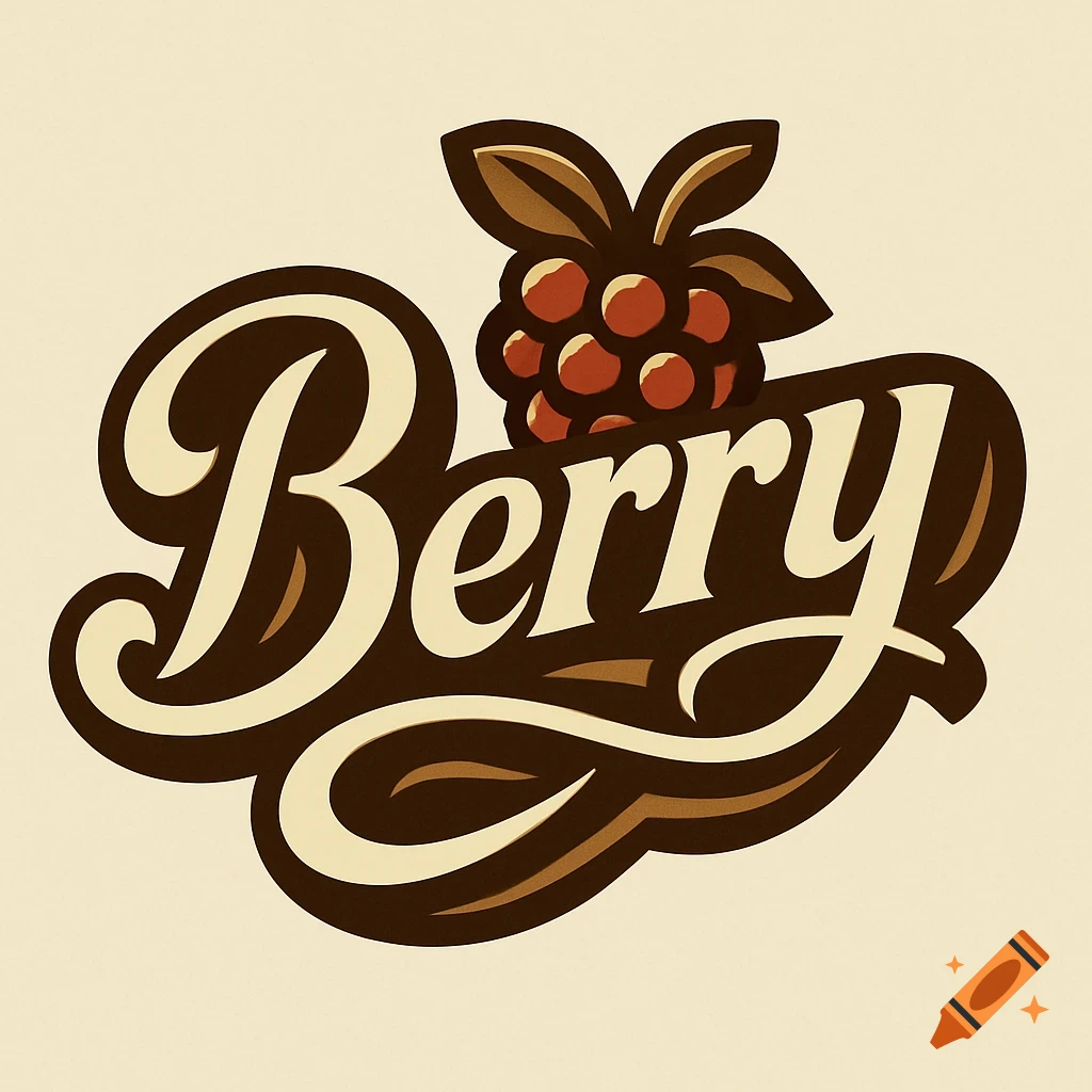 Retro logo with bold script text 'Berry' and a stylized berry illustration above, in brown, cream, and red colors.