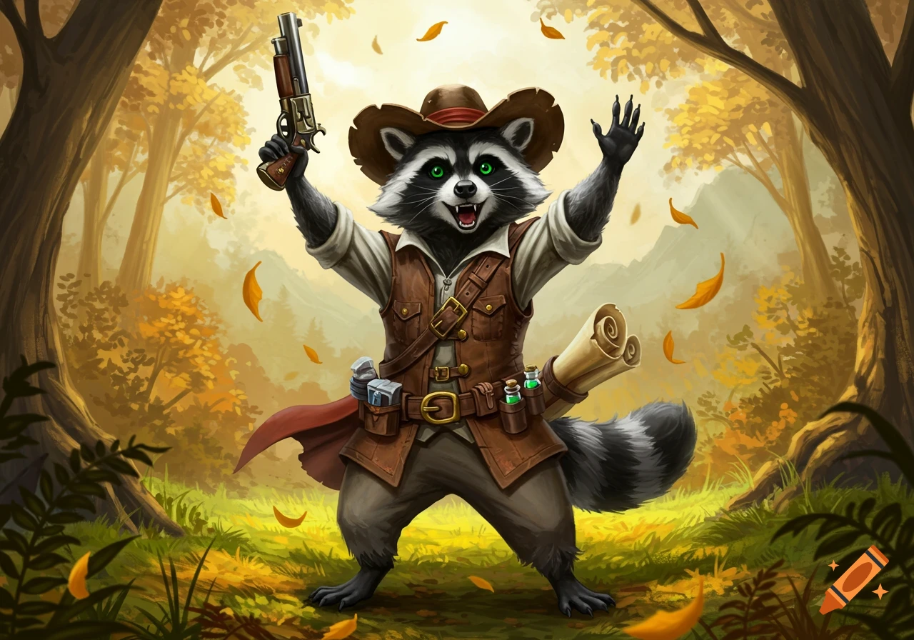 An anthropomorphic raccoon in adventuring gear holds a pistol and raises one hand in an autumn forest illustration.