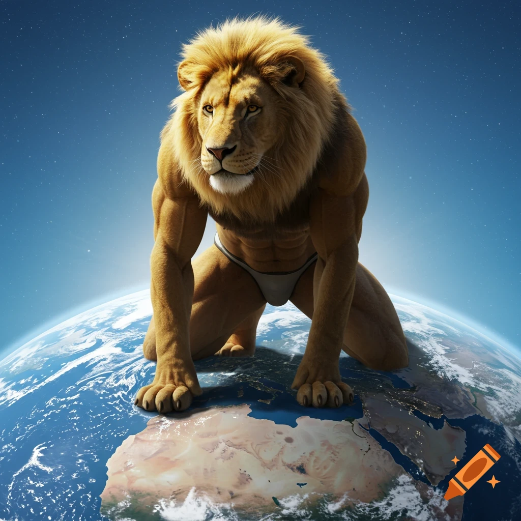 Photorealistic muscular anthropomorphic lion in a speedo kneels on and dwarfs the Earth against a starry sky.