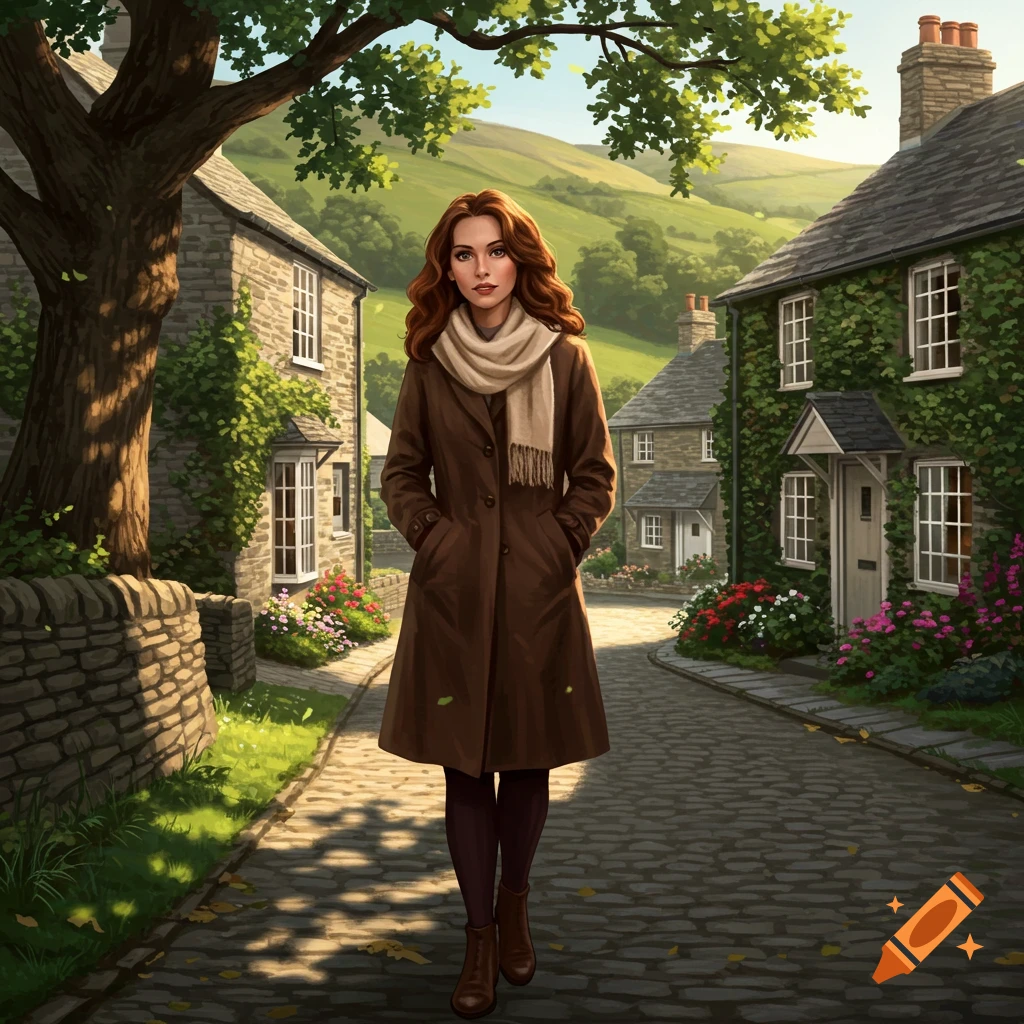 A woman in a brown coat walks on a cobblestone path through a quaint village with stone houses and green hills, in an illustrative style.
