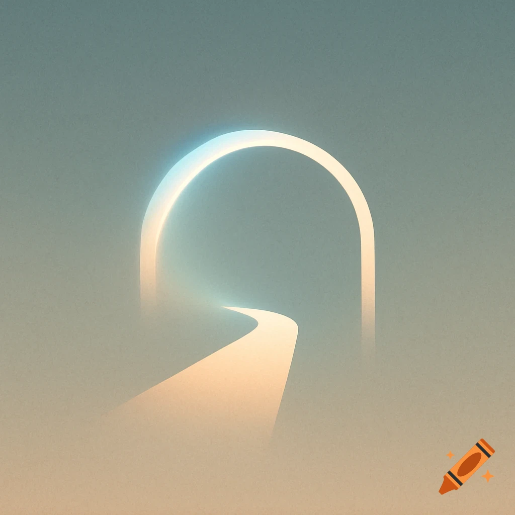 Abstract minimalist image of a luminous archway and a path, with soft blue and orange gradients.