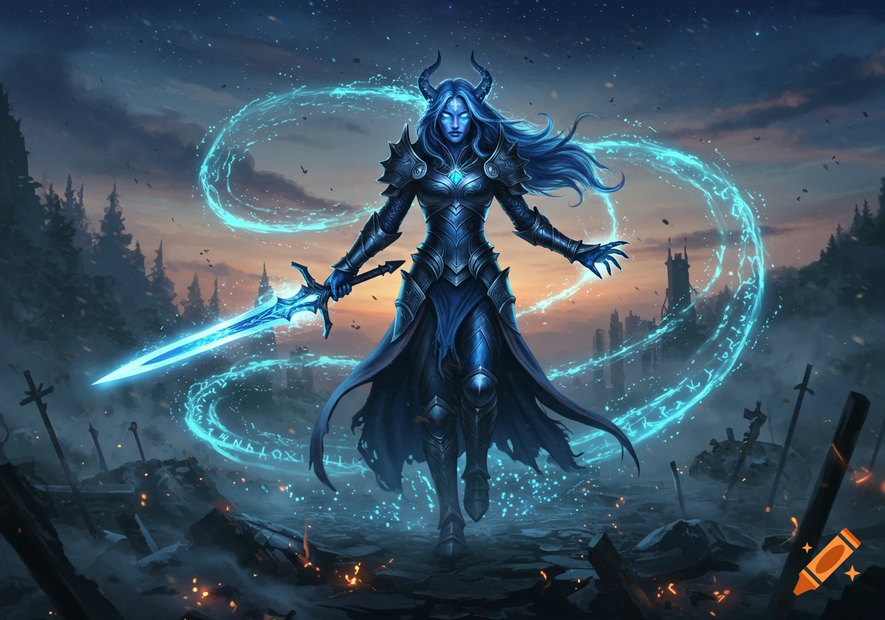Blue-skinned female warrior with horns and glowing eyes in dark armor, holding a radiant blue sword amidst swirling magic in a ruined landscape.