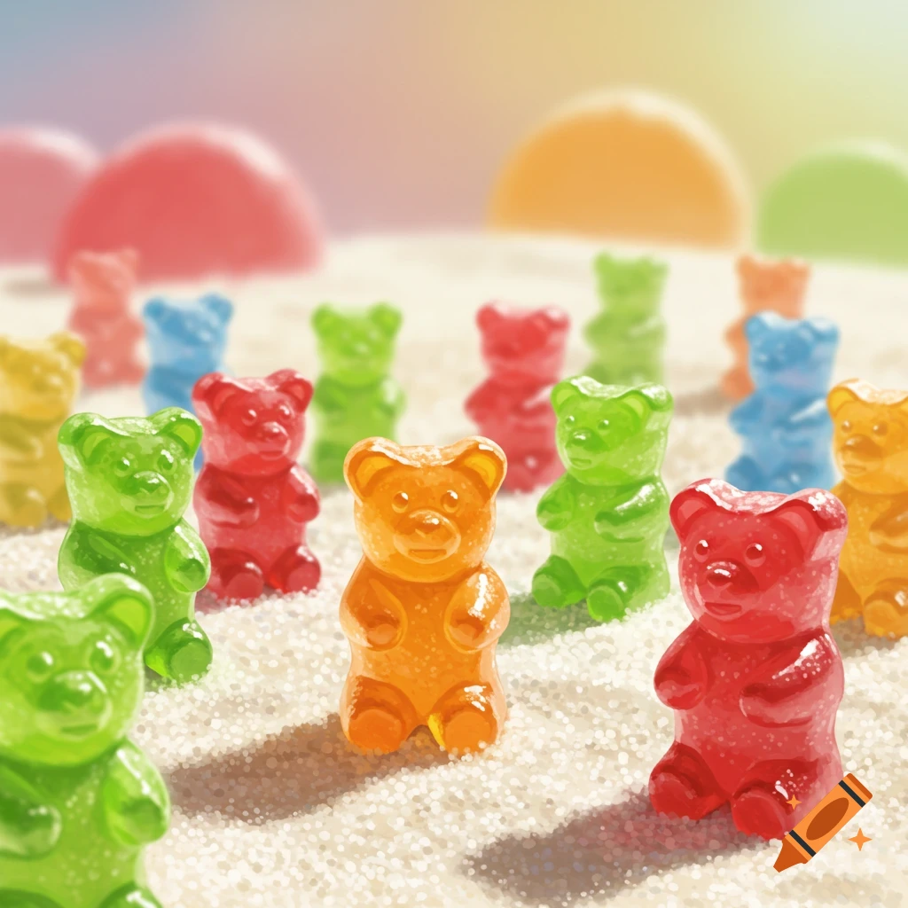 Many colorful gummy bears, including red, green, orange, yellow, and blue, standing and sitting on a sugar-like surface.