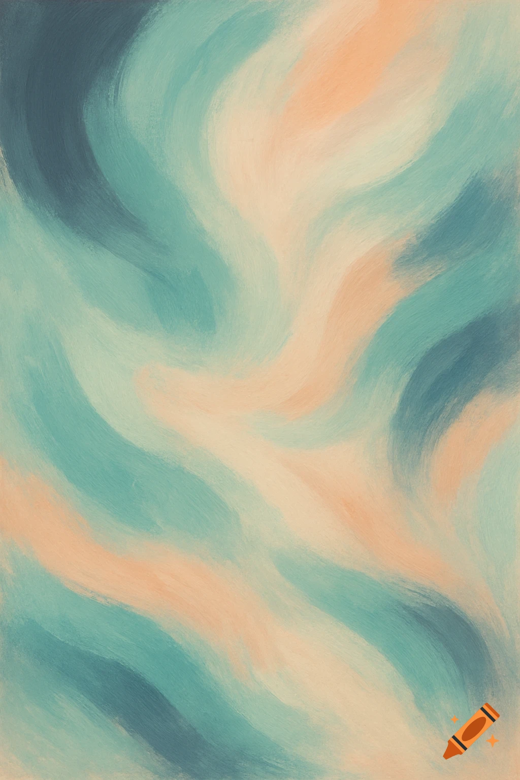 Abstract painting featuring soft, wavy brushstrokes in shades of teal, blue-green, and peach, creating a calming visual.