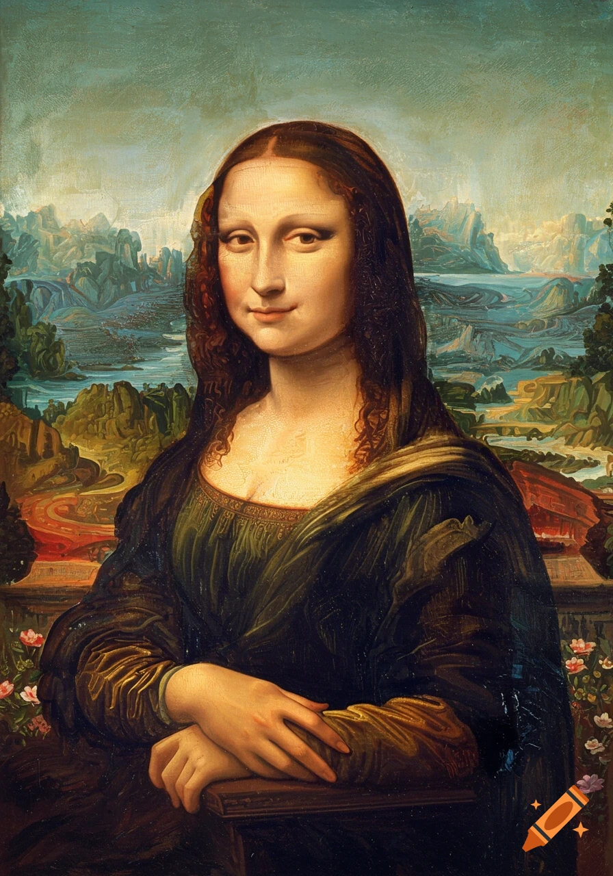 A classic oil painting of Mona Lisa by Leonardo da Vinci, a woman with a gentle smile in a dark dress against a mountainous landscape.
