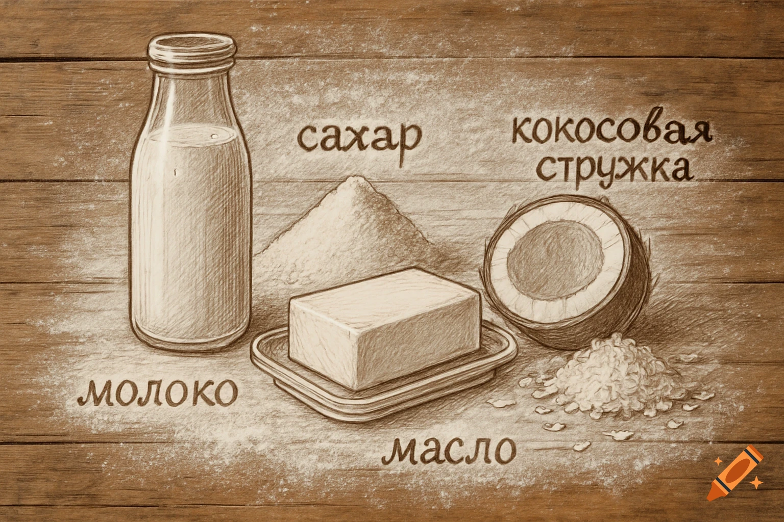 Sketch of milk in a bottle, a pile of sugar, a block of butter on a dish, and half a coconut with coconut flakes, all labeled in Russian on a wooden surface.