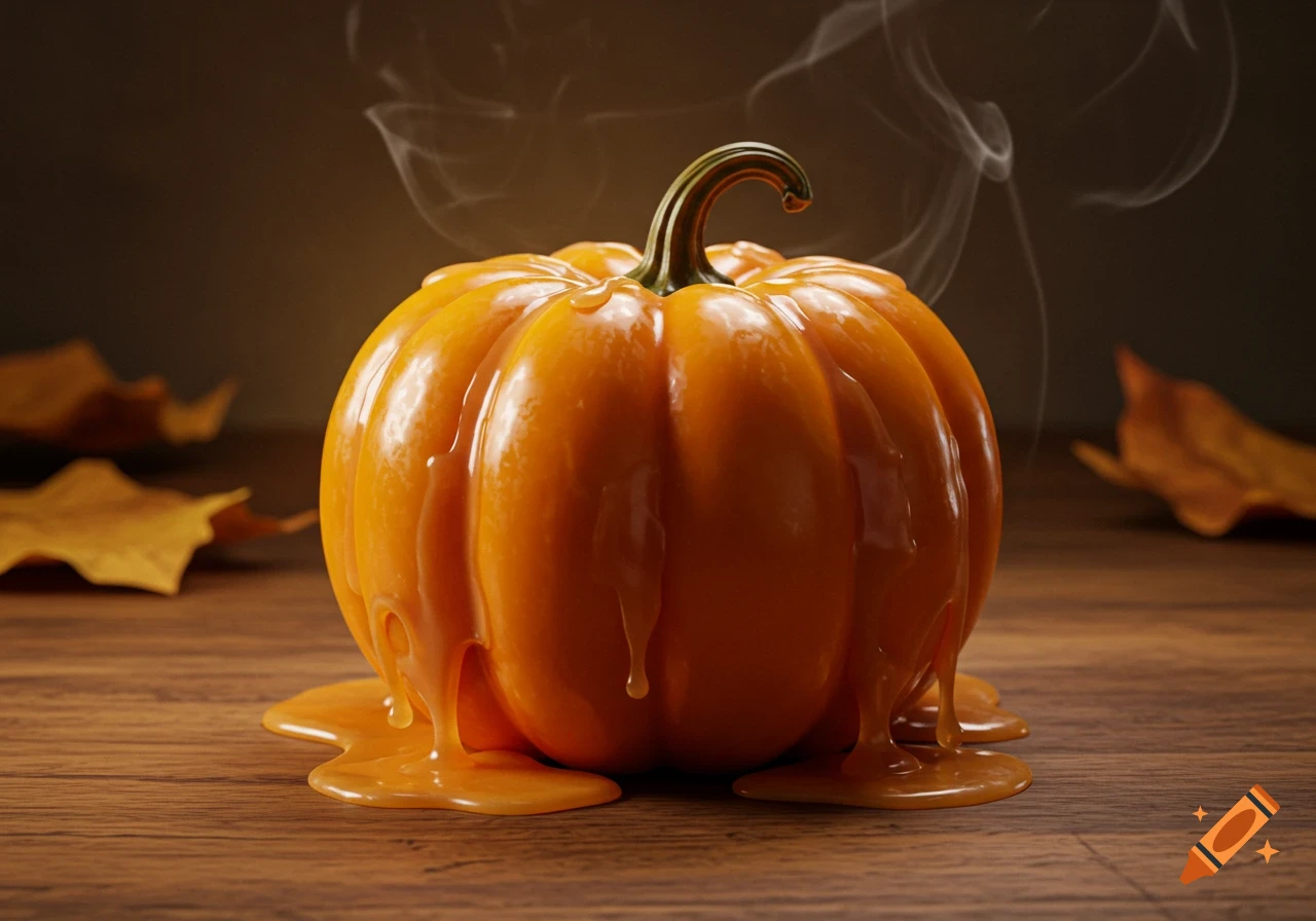 Photorealistic image of a wax pumpkin slightly melted, with drips pooling on a wooden table, and autumn leaves in the background.