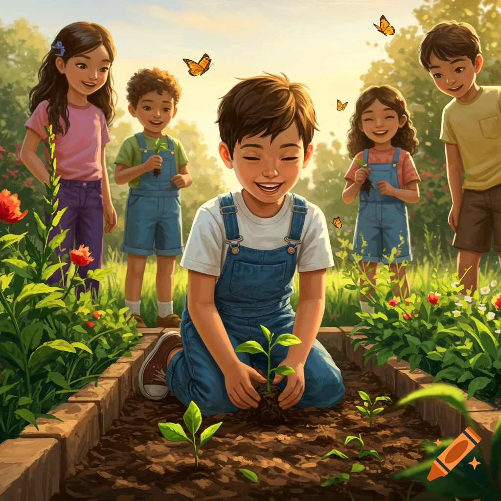 Five happy children planting seedlings in a sunlit garden with butterflies flying around.