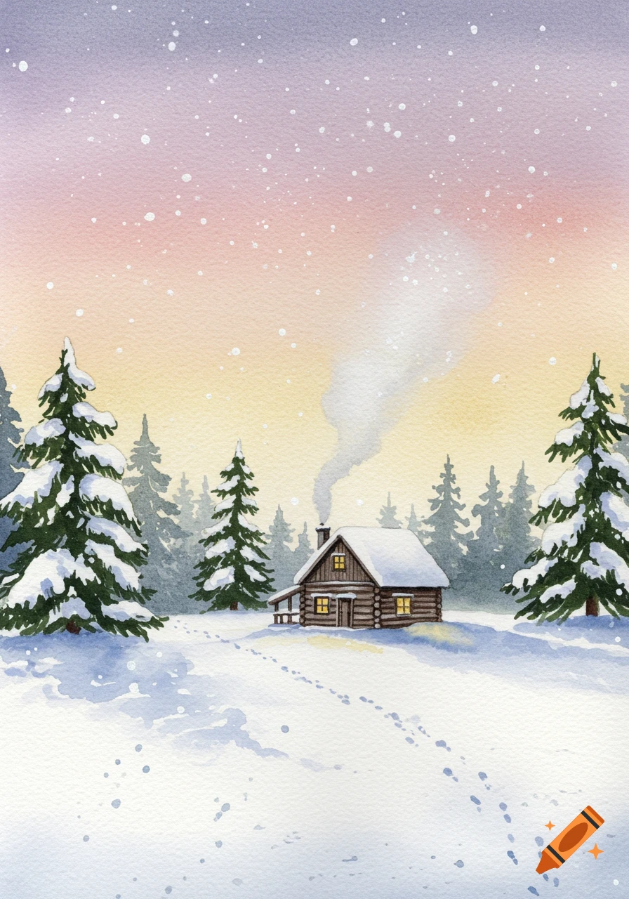 Watercolor painting of a snowy winter landscape with a cozy cabin, evergreen trees, and a sunset-colored sky.