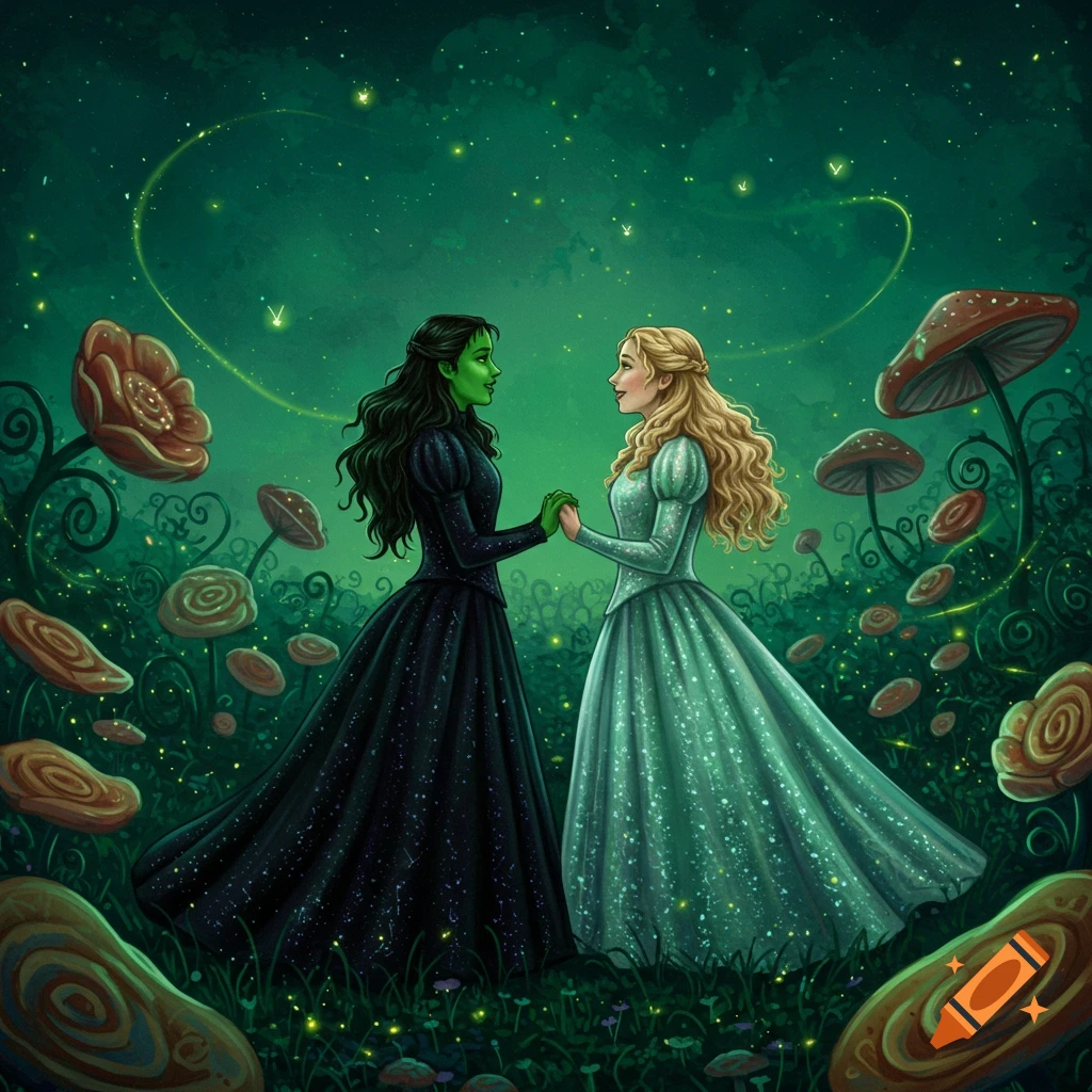 Fantasy illustration of a green-skinned woman and a blonde woman holding hands in a glowing green magical forest with mushrooms.