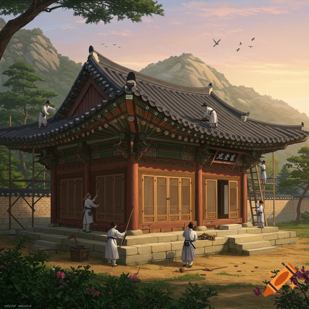 Traditional Korean Hanok palace being reassembled by workers at sunset, with mountains and trees in the background.