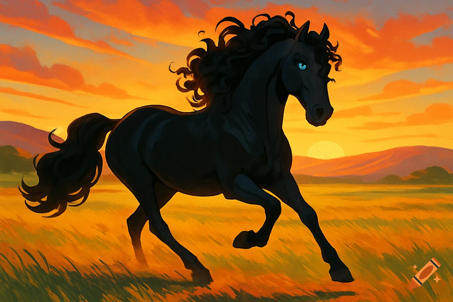 A majestic black horse with a curly mane and bright blue eyes gallops through a golden field at sunset in an animated style.