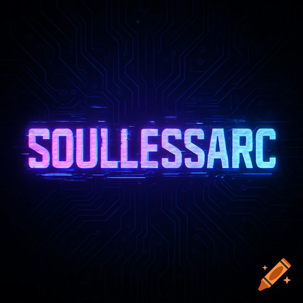 Neon purple and blue glowing 'SOULLESSARC' text with digital glitch effects over a dark background with blue circuit patterns.