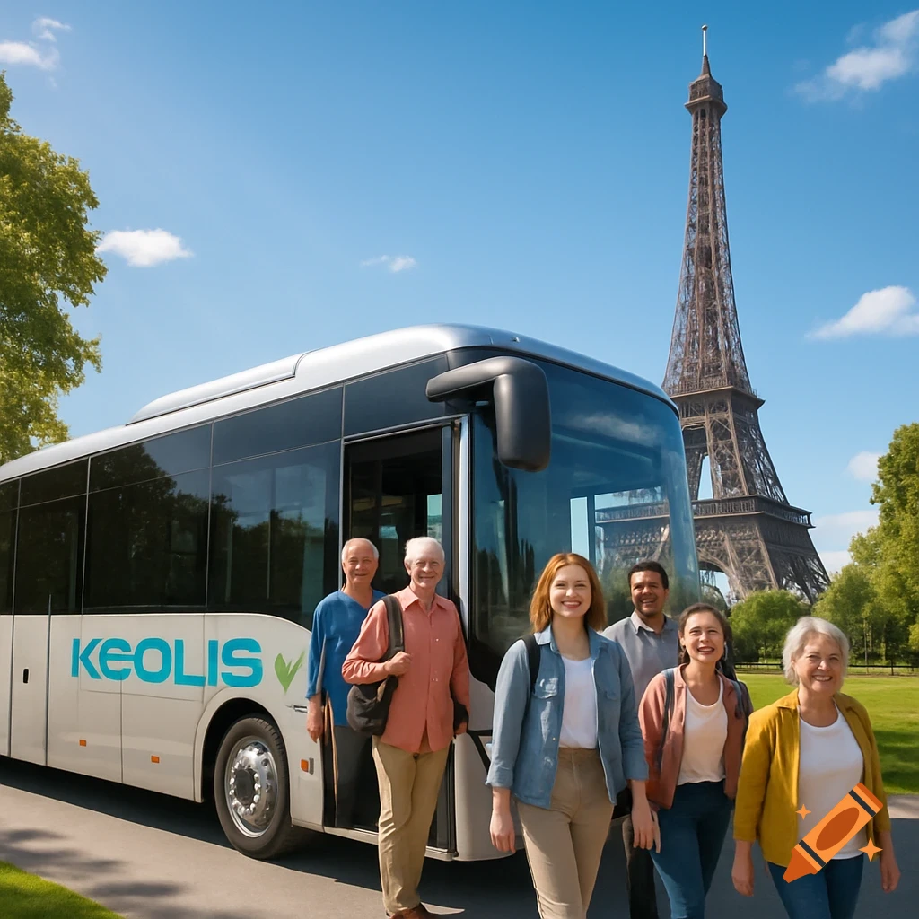 Photorealistic image of a modern Keolis bus with people near the Eiffel Tower on a sunny day in Paris.