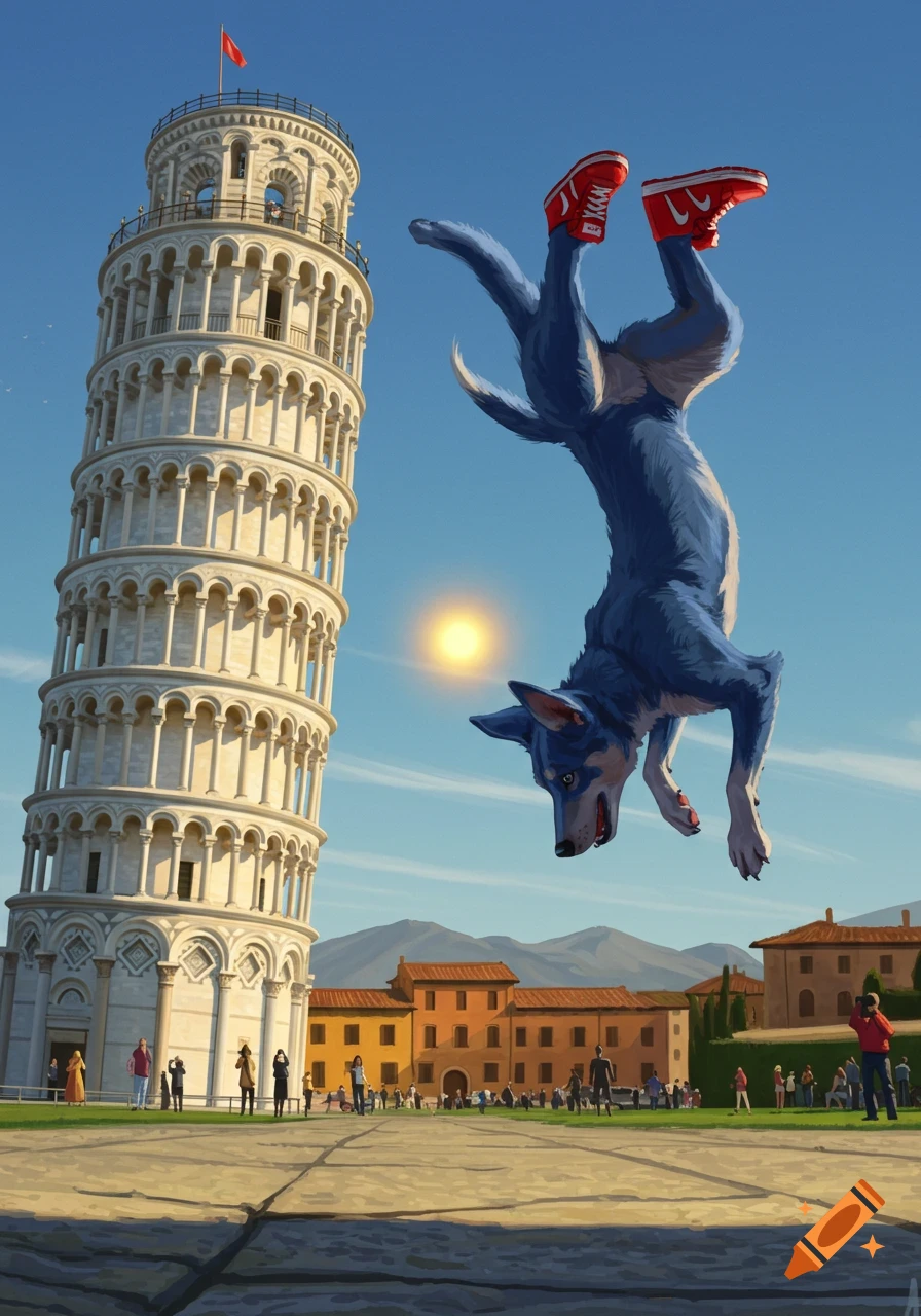 A blue dog wearing red Nike shoes does a backflip in front of the Leaning Tower of Pisa under a sunny blue sky.