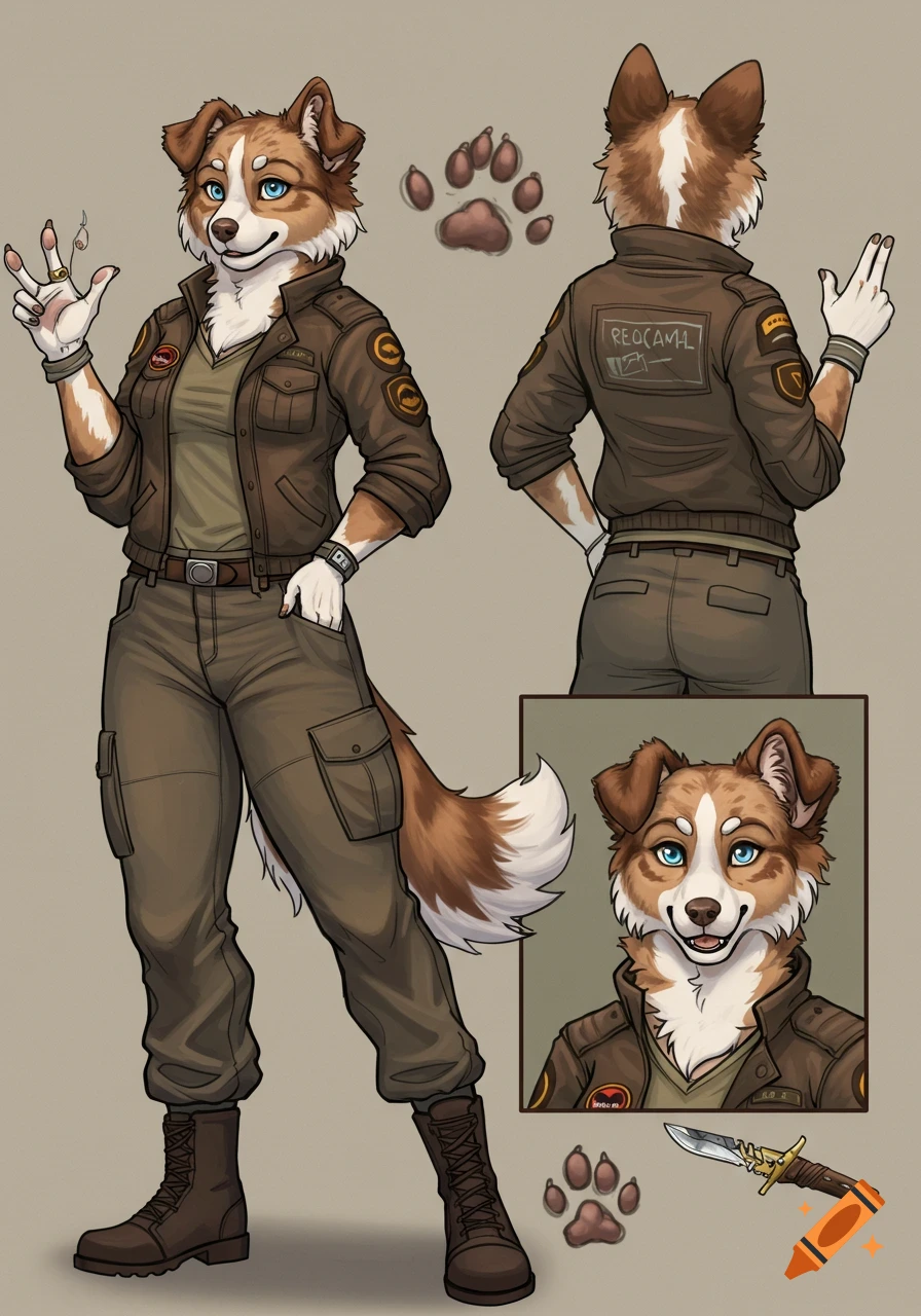 Anthro female Australian shepherd in a brown military uniform, depicted in a character reference sheet with full body, back view, and headshot.