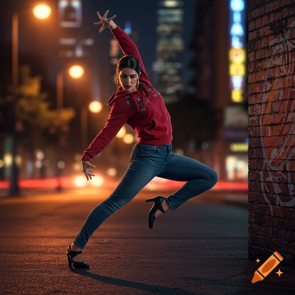 A woman in a red hoodie and jeans performs a dynamic dance pose on a city street at night, with blurred lights in the background.