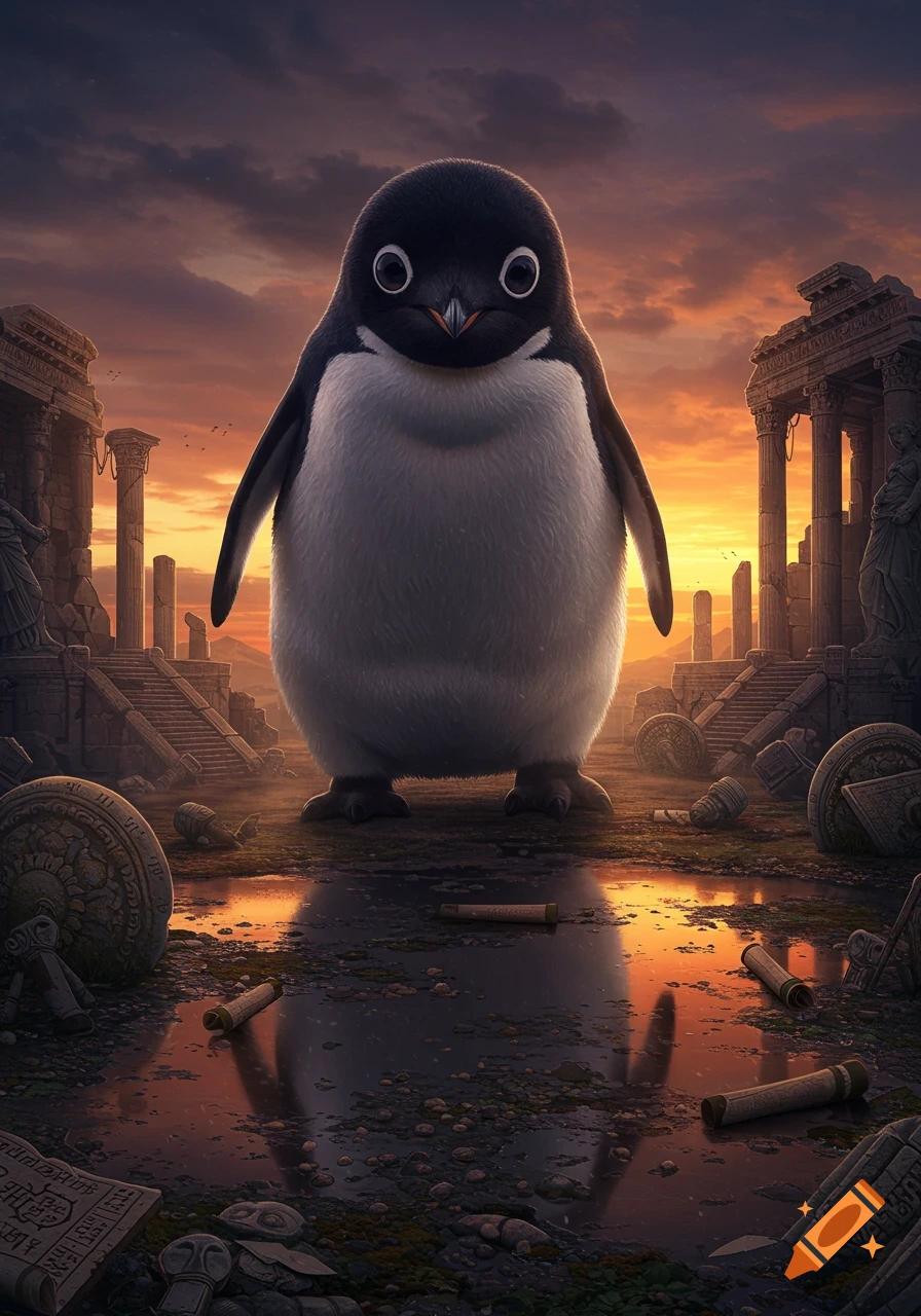 A cute, plump penguin stands in a ruined ancient city with a dramatic orange and purple sunset sky.