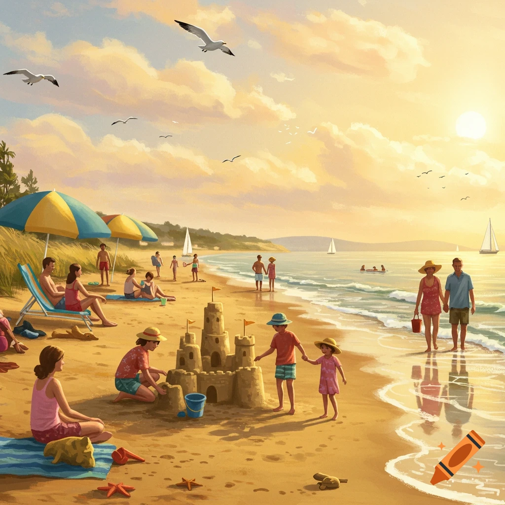 An illustrative painting of a family enjoying a sunny day at a sandy beach, with people building sandcastles, swimming, and walking along the shore as seagulls fly overhead.