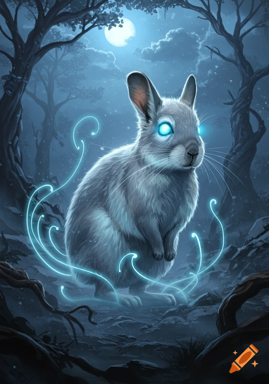 A magical grey rabbit with glowing blue eyes and wisps of blue light in a dark, moonlit forest. Fantasy illustration.