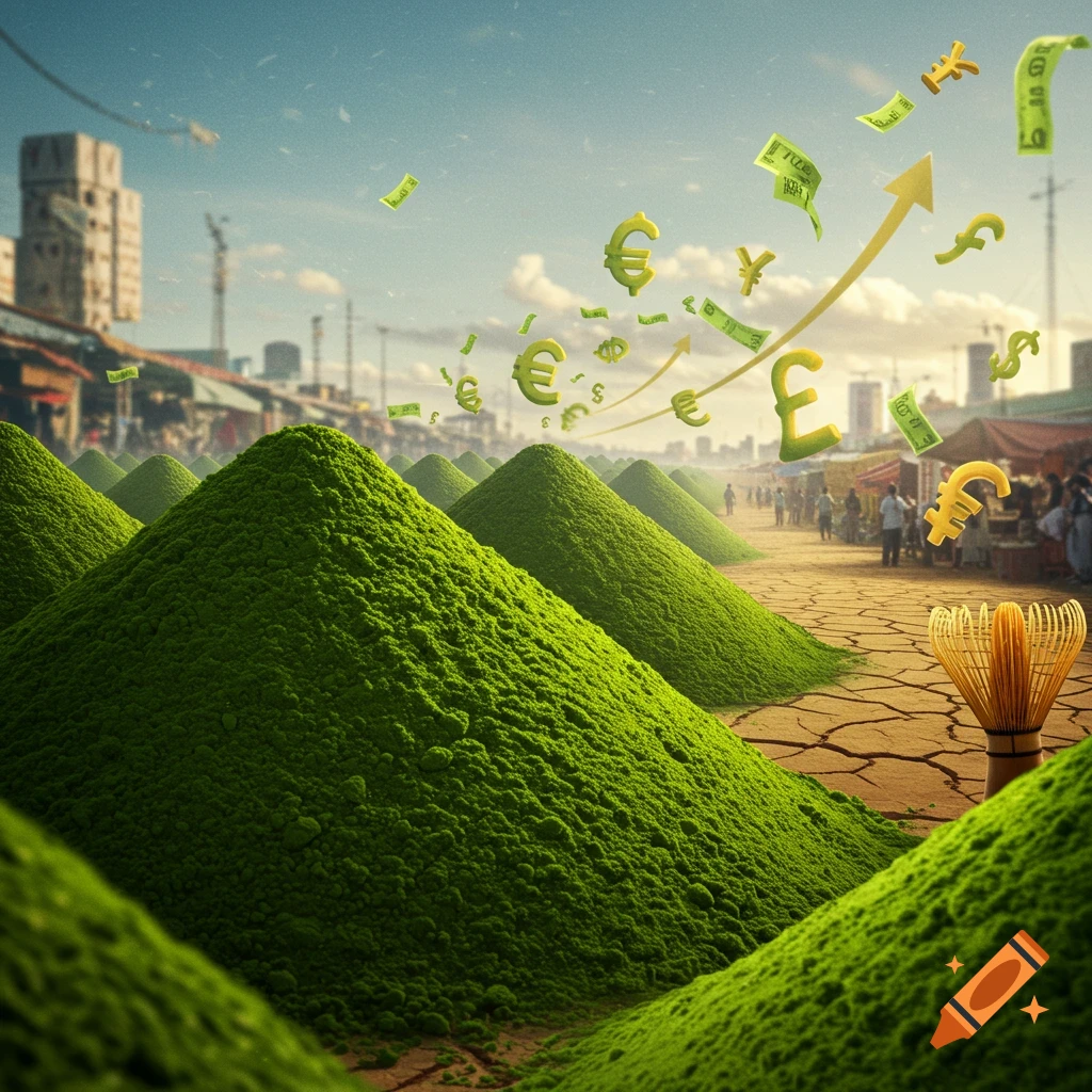 Vast mounds of green matcha powder on cracked earth with golden currency symbols and banknotes rising towards a bustling city market.